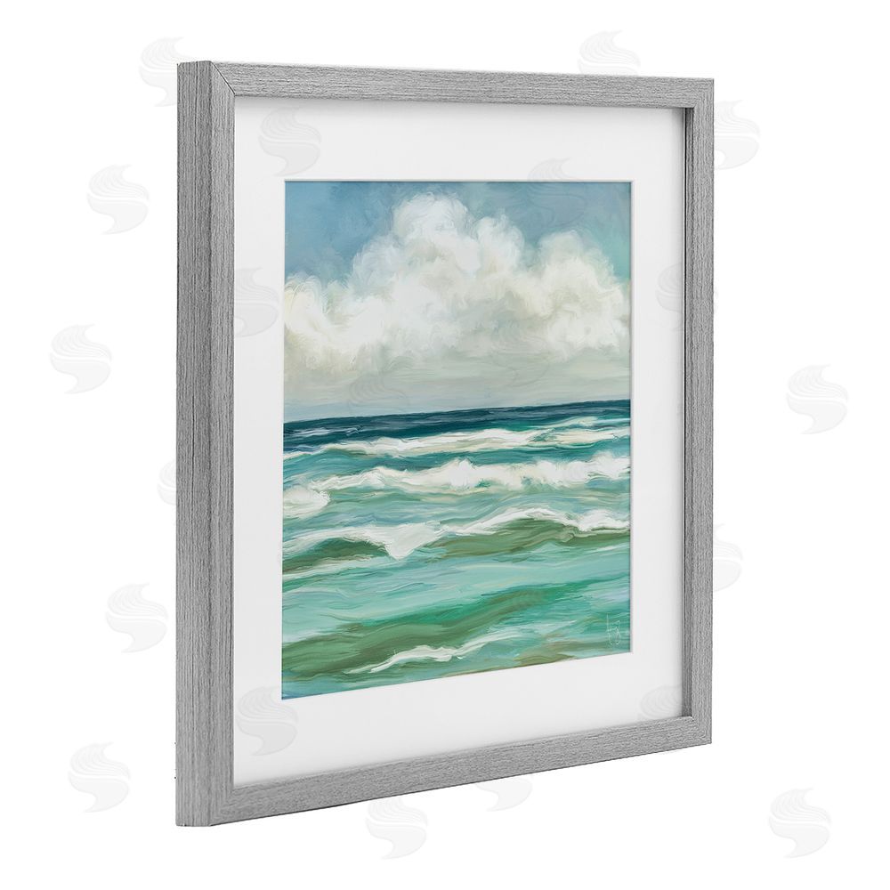 Pam Britton Aqua & Navy Sea Waves Gray Framed Print Under Glass Wall Art
