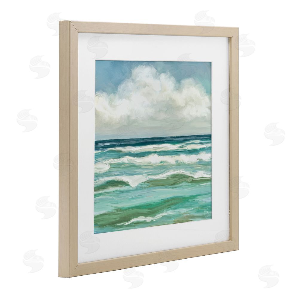 Pam Britton Aqua & Navy Sea Waves Brown Framed Print Under Glass Wall Art