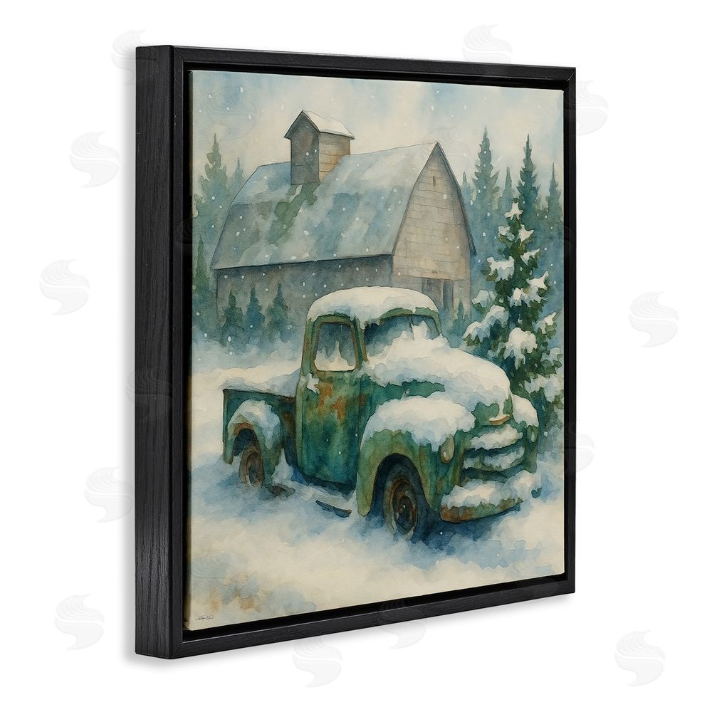 Antony Smith Nostalgic Winter Farm Truck Black Floating Framed Canvas Wall Art