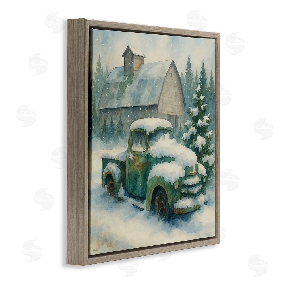 Antony Smith Nostalgic Winter Farm Truck Brown Floating Framed Canvas Wall Art