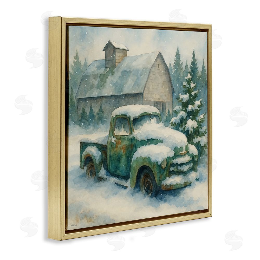 Antony Smith Nostalgic Winter Farm Truck Gold Floating Framed Canvas Wall Art