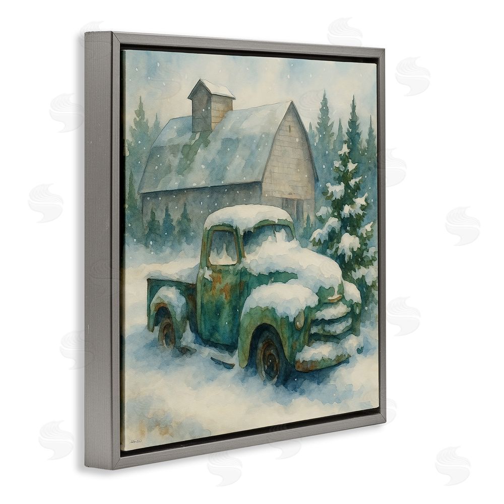 Antony Smith Nostalgic Winter Farm Truck Gray Floating Framed Canvas Wall Art