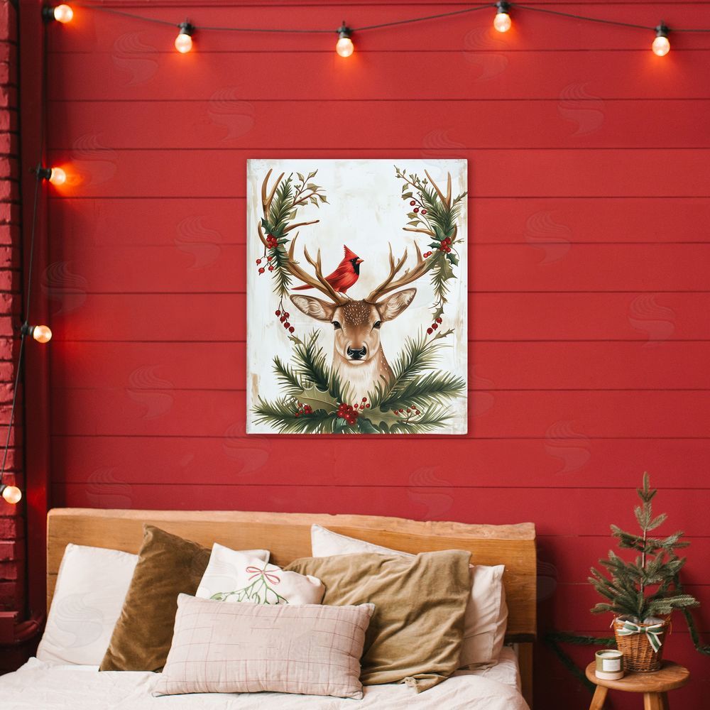 Acorn & Ivory Designs Cardinal & Deer with Festive Flora Stretched Canvas Wall Art Print in Room