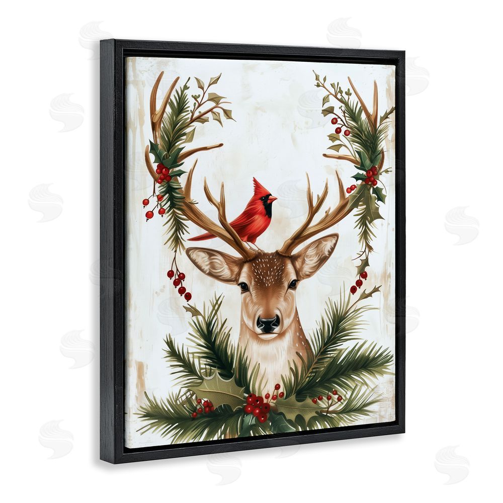 Acorn & Ivory Designs Cardinal & Deer with Festive Flora Black Floating Frame Stretched Canvas Wall Art Print