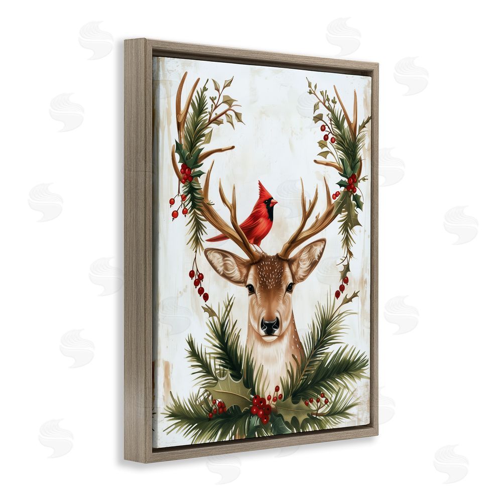 Acorn & Ivory Designs Cardinal & Deer with Festive Flora Brown Floating Frame Stretched Canvas Wall Art Print