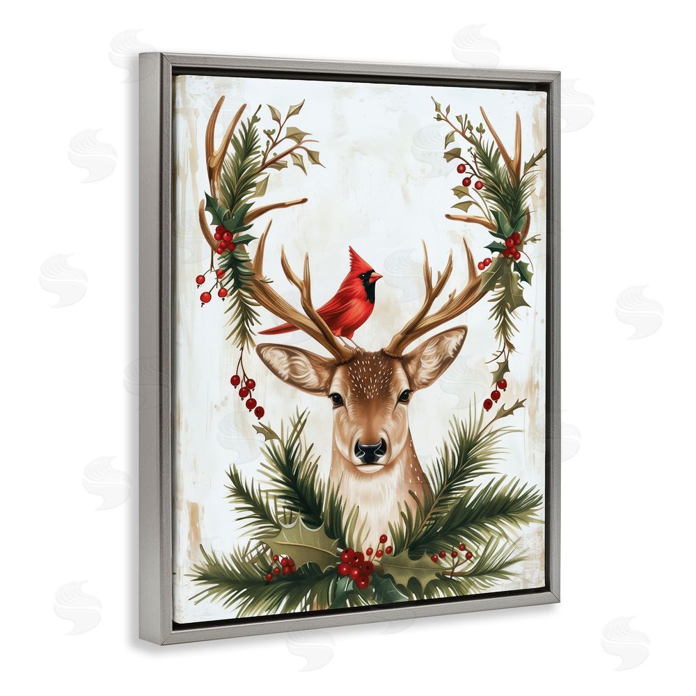 Acorn & Ivory Designs Cardinal & Deer with Festive Flora Gray Floating Frame Stretched Canvas Wall Art Print