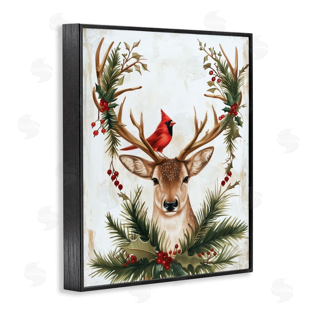 Acorn & Ivory Designs Cardinal & Deer with Festive Flora Black Framed Giclee Wall Art Print