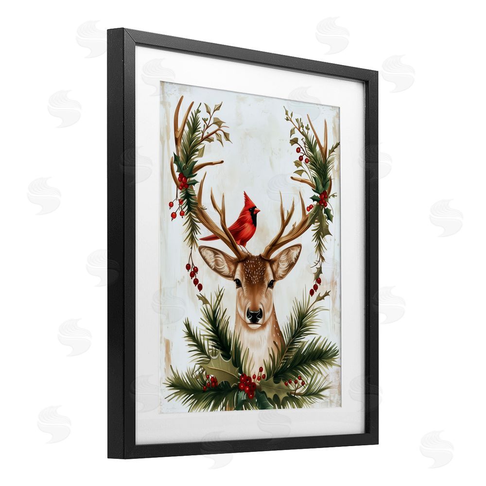 Acorn & Ivory Designs Cardinal & Deer with Festive Flora Black Framed Print Under Glass with Matting Wall Art