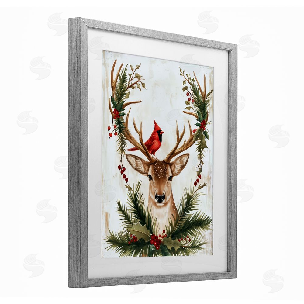 Acorn & Ivory Designs Cardinal & Deer with Festive Flora Gray Framed Print Under Glass with Matting Wall Art