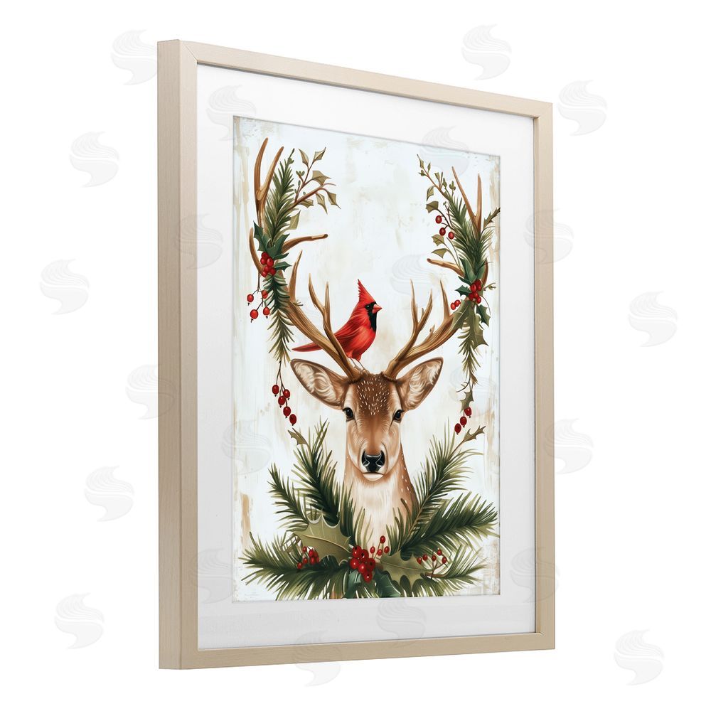 Acorn & Ivory Designs Cardinal & Deer with Festive Flora Brown Framed Print Under Glass with Matting Wall Art