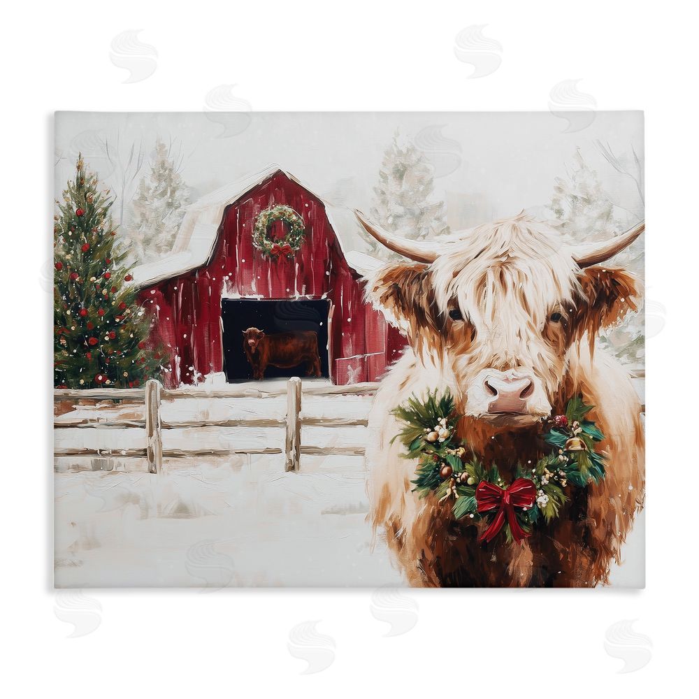 Acorn & Ivory Designs Snowy Farm Scene Cattle Stretched Canvas Wall Art Print