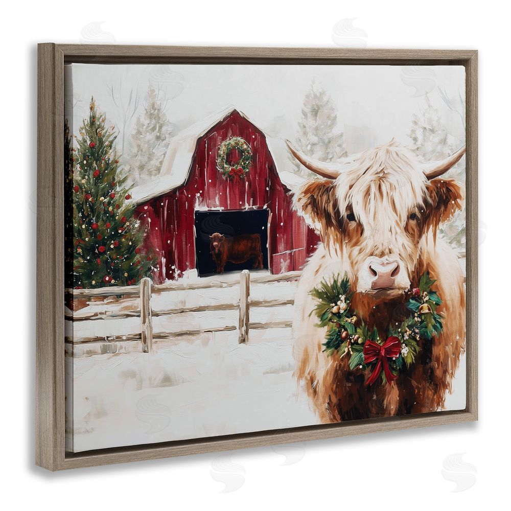Acorn & Ivory Designs Snowy Farm Scene Cattle Brown Floating Framed Canvas Wall Art Print