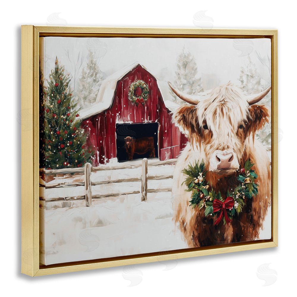 Acorn & Ivory Designs Snowy Farm Scene Cattle Gold Floating Framed Canvas Wall Art Print