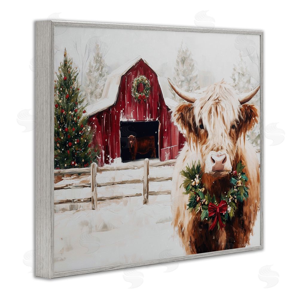 Acorn & Ivory Designs Snowy Farm Scene Cattle Gray Framed Giclee Wall Art Print