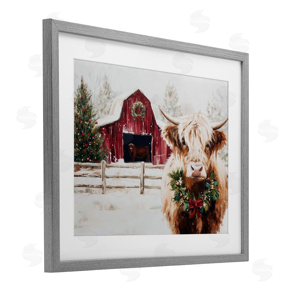 Acorn & Ivory Designs Snowy Farm Scene Cattle Gray Framed Print Under Glass with White Mat Wall Art