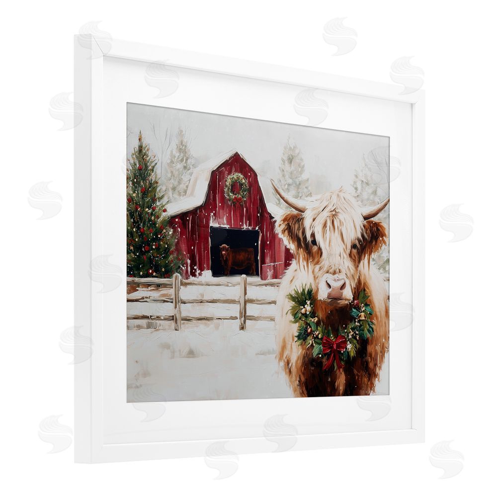 Acorn & Ivory Designs Snowy Farm Scene Cattle White Framed Print Under Glass with White Mat Wall Art