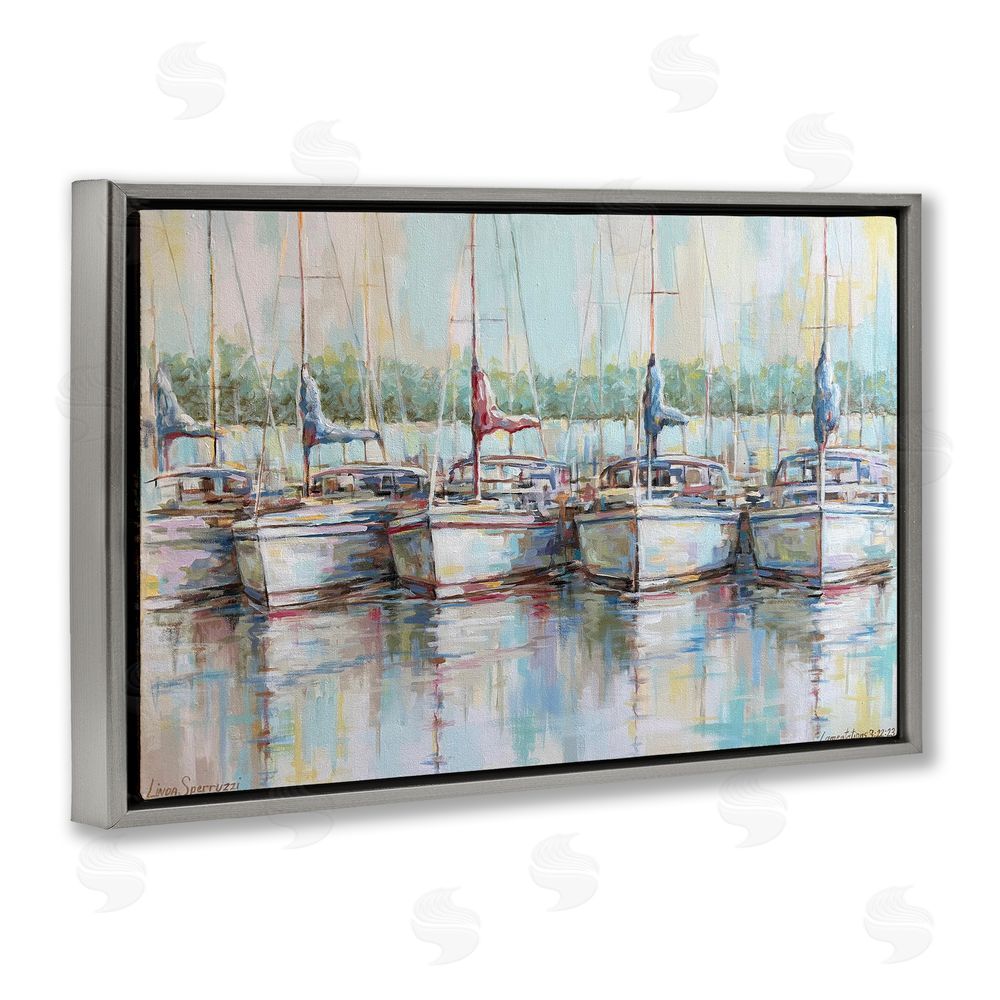 Linda Sperruzzi Morning At The Marina Gray Floating Framed Canvas Wall Art