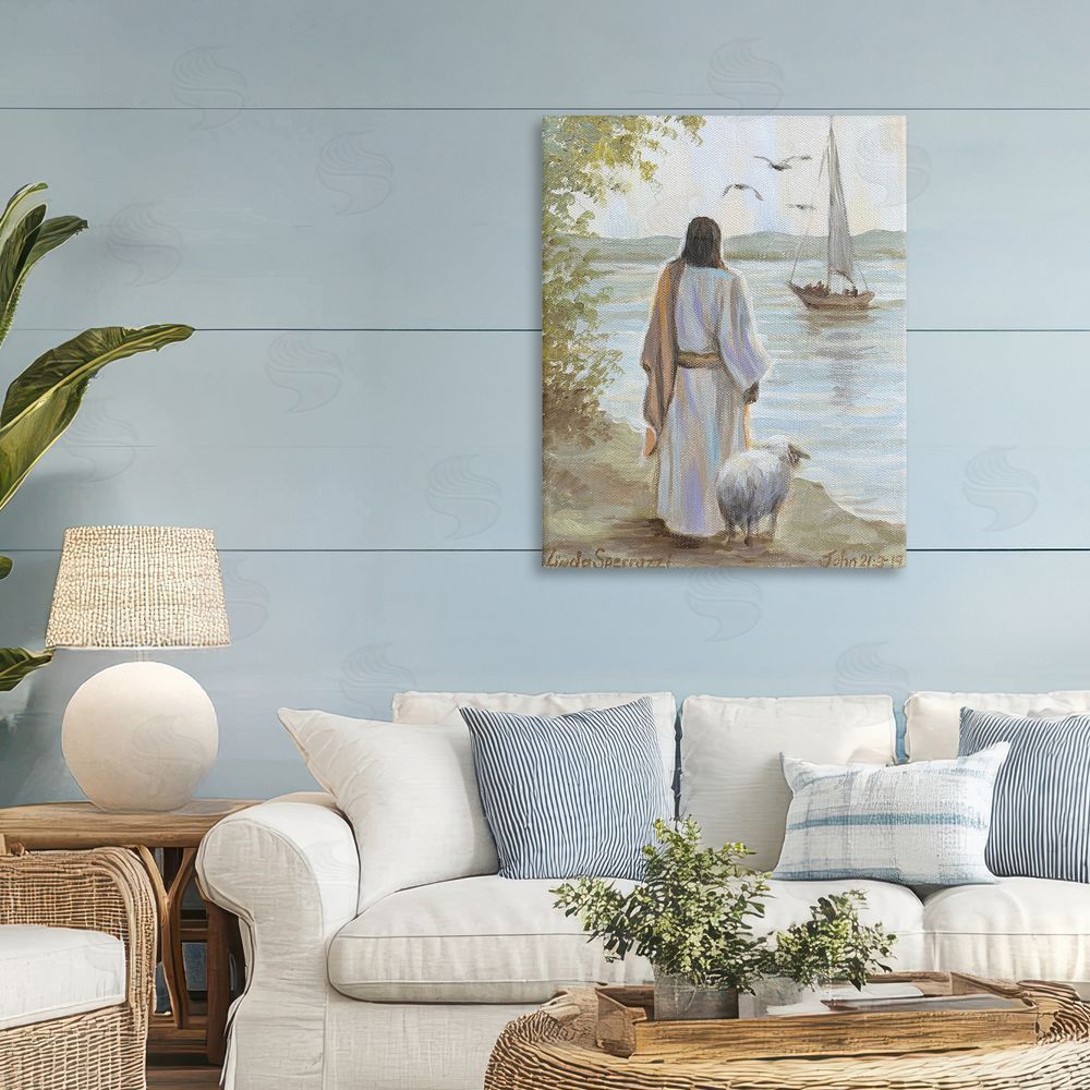 Linda Sperruzzi Jesus Waiting Ashore Stretched Canvas Wall Art in Room