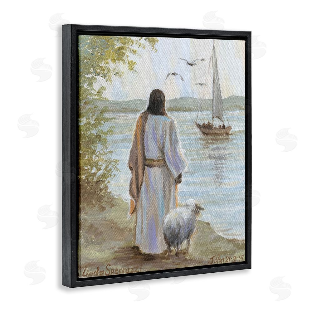 Linda Sperruzzi Jesus Waiting Ashore Black Floating Framed Canvas Wall Art