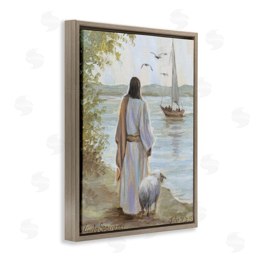 Linda Sperruzzi Jesus Waiting Ashore Brown Floating Framed Canvas Wall Art