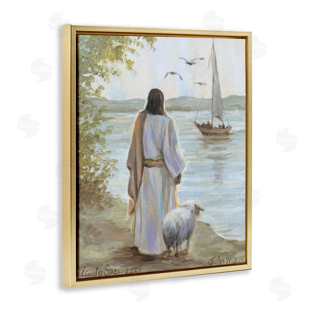 Linda Sperruzzi Jesus Waiting Ashore Gold Floating Framed Canvas Wall Art