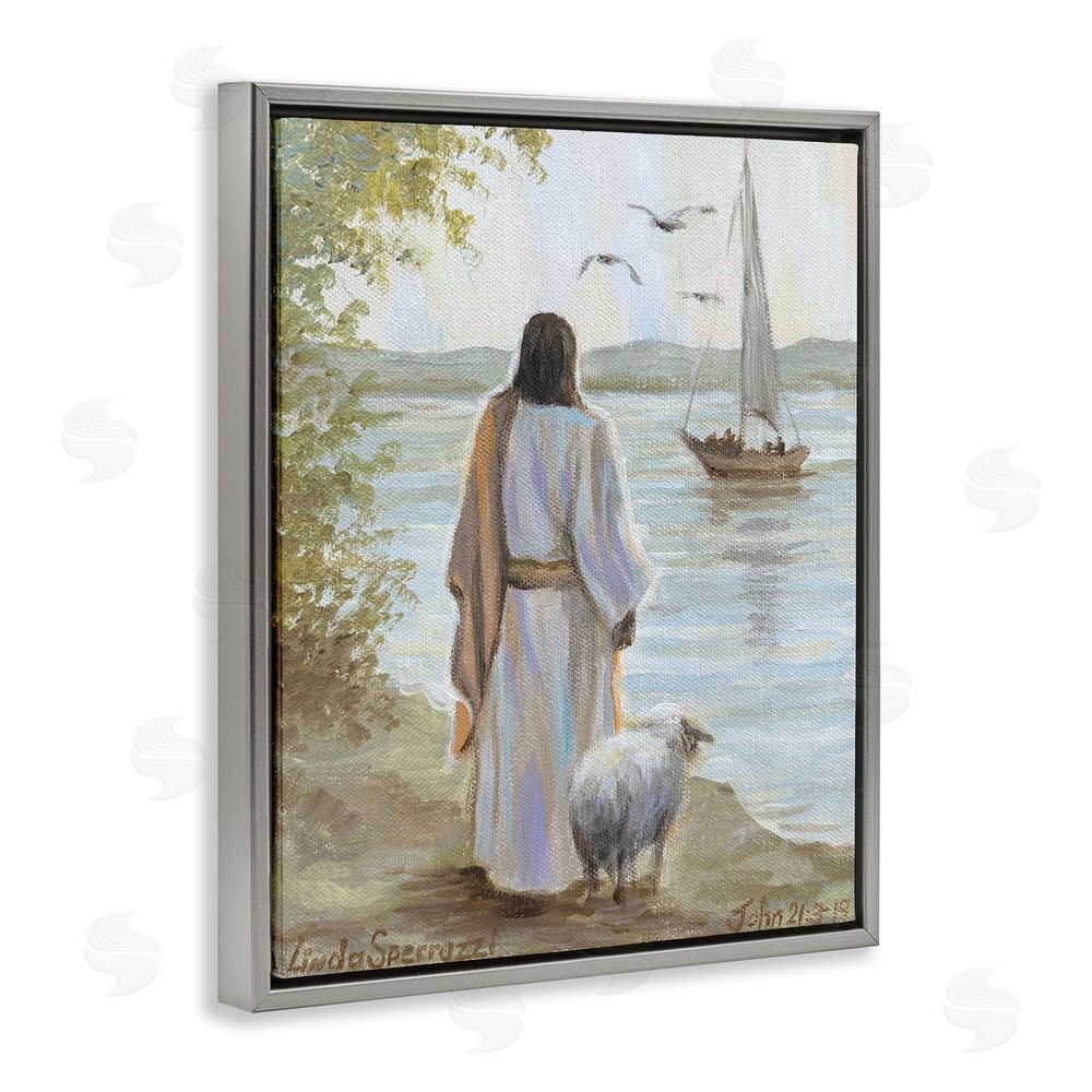 Linda Sperruzzi Jesus Waiting Ashore Gray Floating Framed Canvas Wall Art
