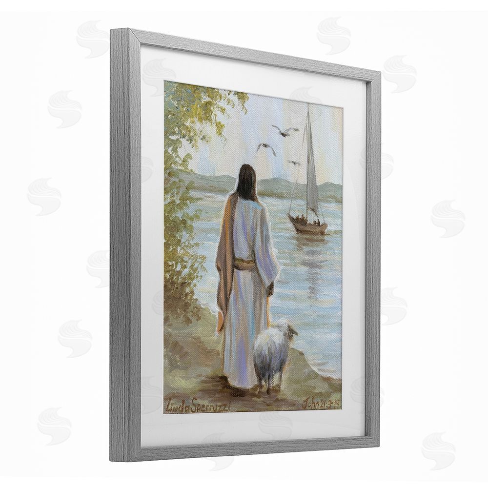 Linda Sperruzzi Jesus Waiting Ashore Gray Framed Print Under Glass Wall Art