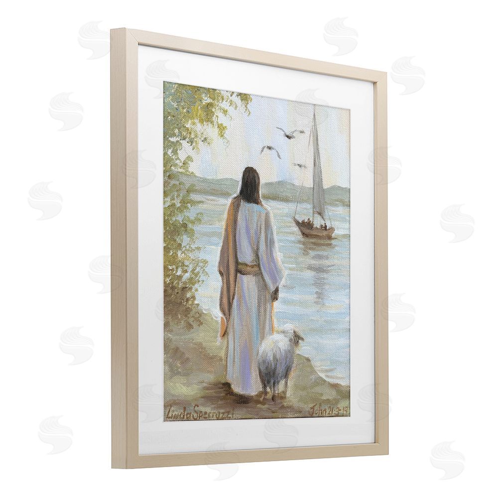 Linda Sperruzzi Jesus Waiting Ashore Brown Framed Print Under Glass Wall Art