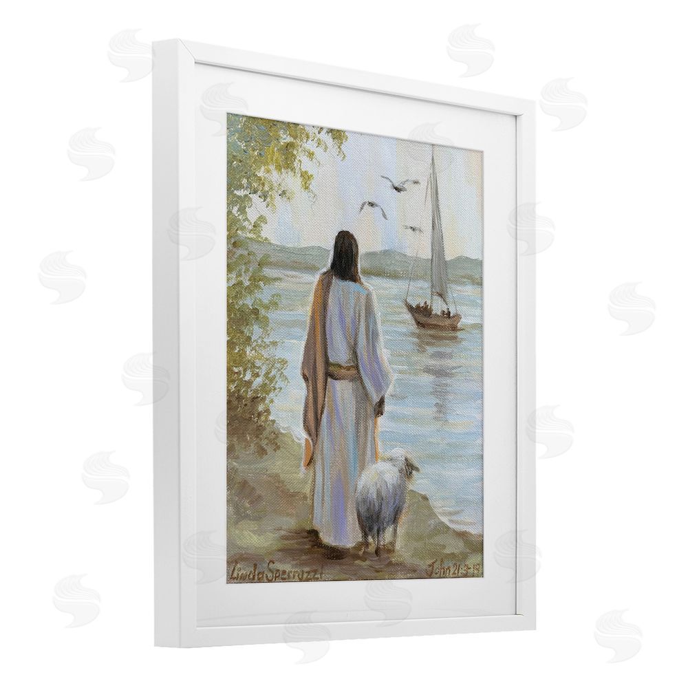 Linda Sperruzzi Jesus Waiting Ashore White Framed Print Under Glass Wall Art