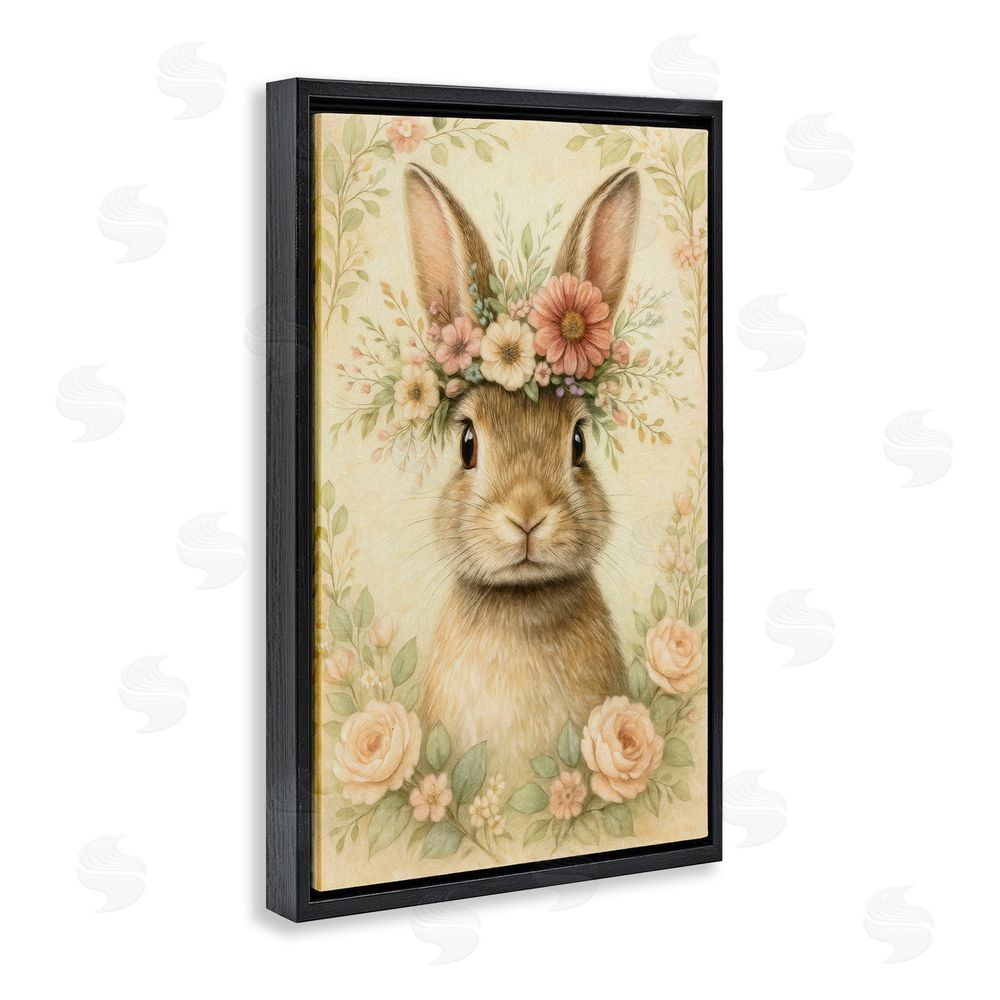 Kelley Parker Blossom Crowned Bunny Black Floating Frame Canvas Wall Art Print