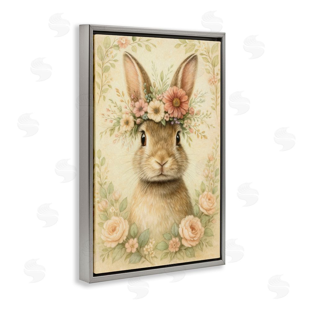 Kelley Parker Blossom Crowned Bunny Gray Floating Frame Canvas Wall Art Print