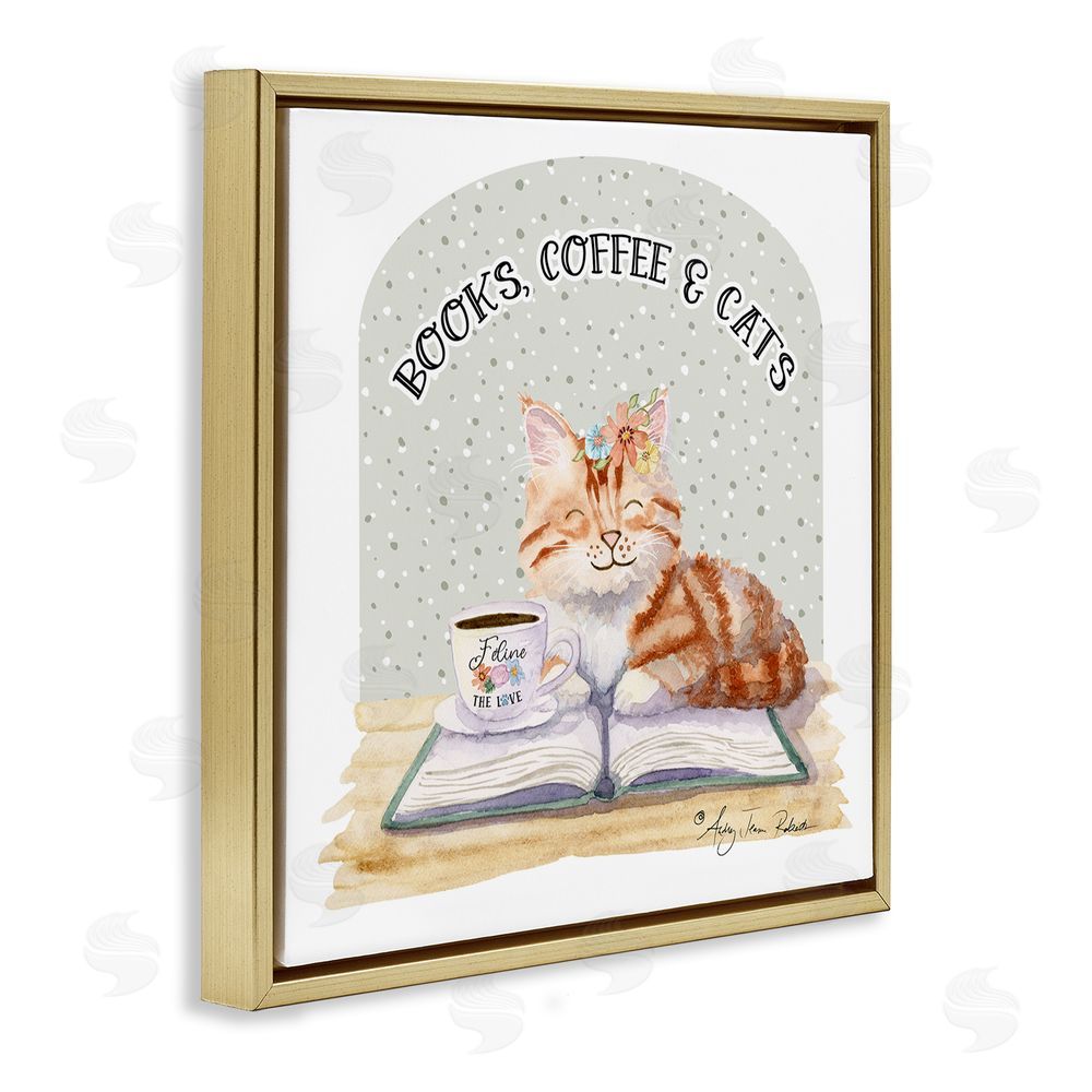 Audrey Jeanne Roberts Books Coffee & Cats Gold Floating Frame Canvas Wall Art Print