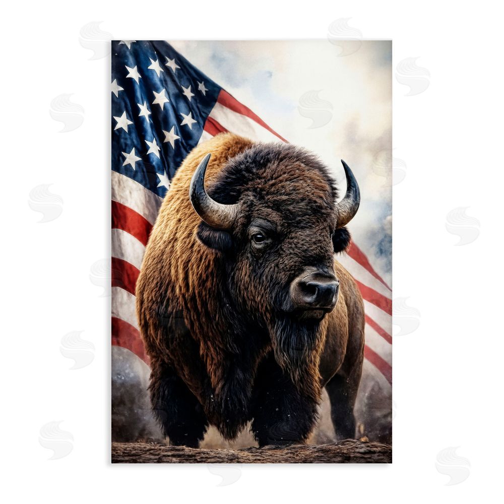 Kelley Parker Bison with American Flag Stretched Canvas Wall Art Print