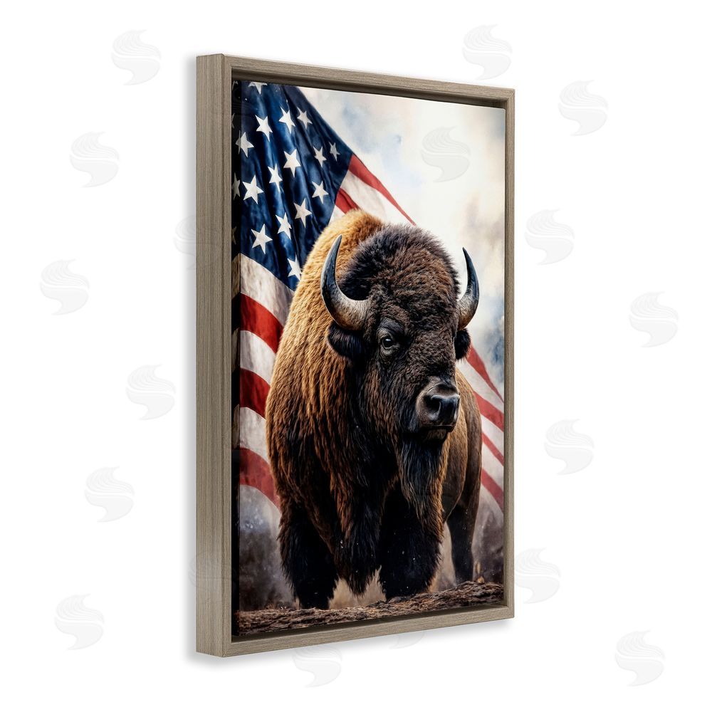 Kelley Parker Bison with American Flag Brown Floating Frame Canvas Wall Art Print