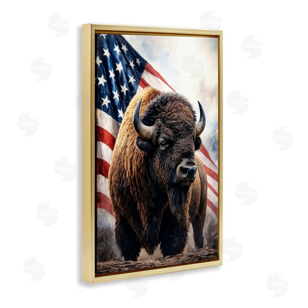Kelley Parker Bison with American Flag Gold Floating Frame Canvas Wall Art Print