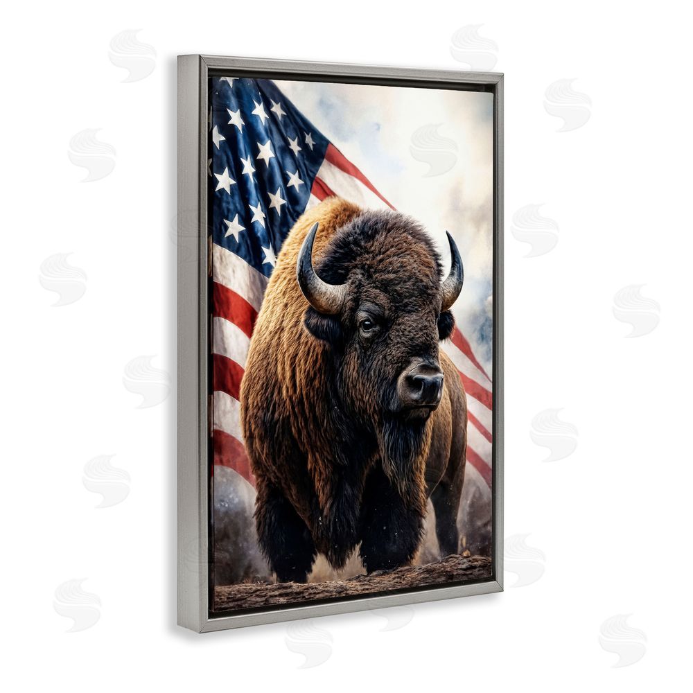 Kelley Parker Bison with American Flag Gray Floating Frame Canvas Wall Art Print