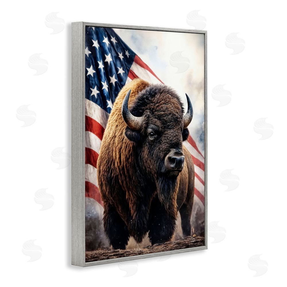 Kelley Parker Bison with American Flag Gray Framed Giclee Wall Art Print