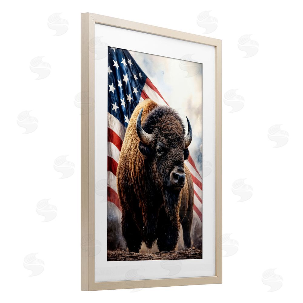 Kelley Parker Bison with American Flag Brown Framed Print Under Glass Wall Art