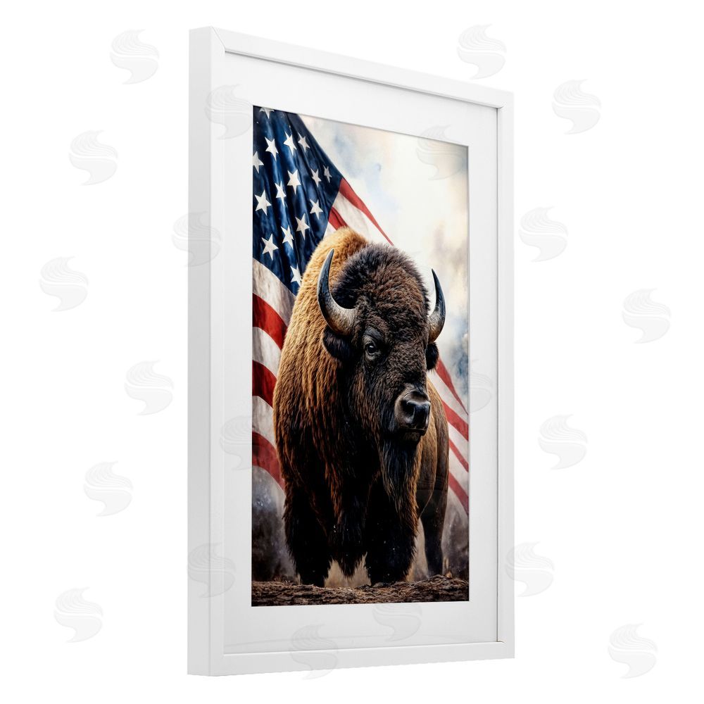 Kelley Parker Bison with American Flag White Framed Print Under Glass Wall Art