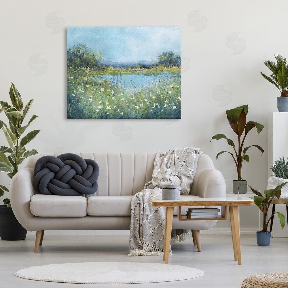 Carol Robinson Impressionist Meadow Surrounding Pond Stretched Canvas Wall Art in Room