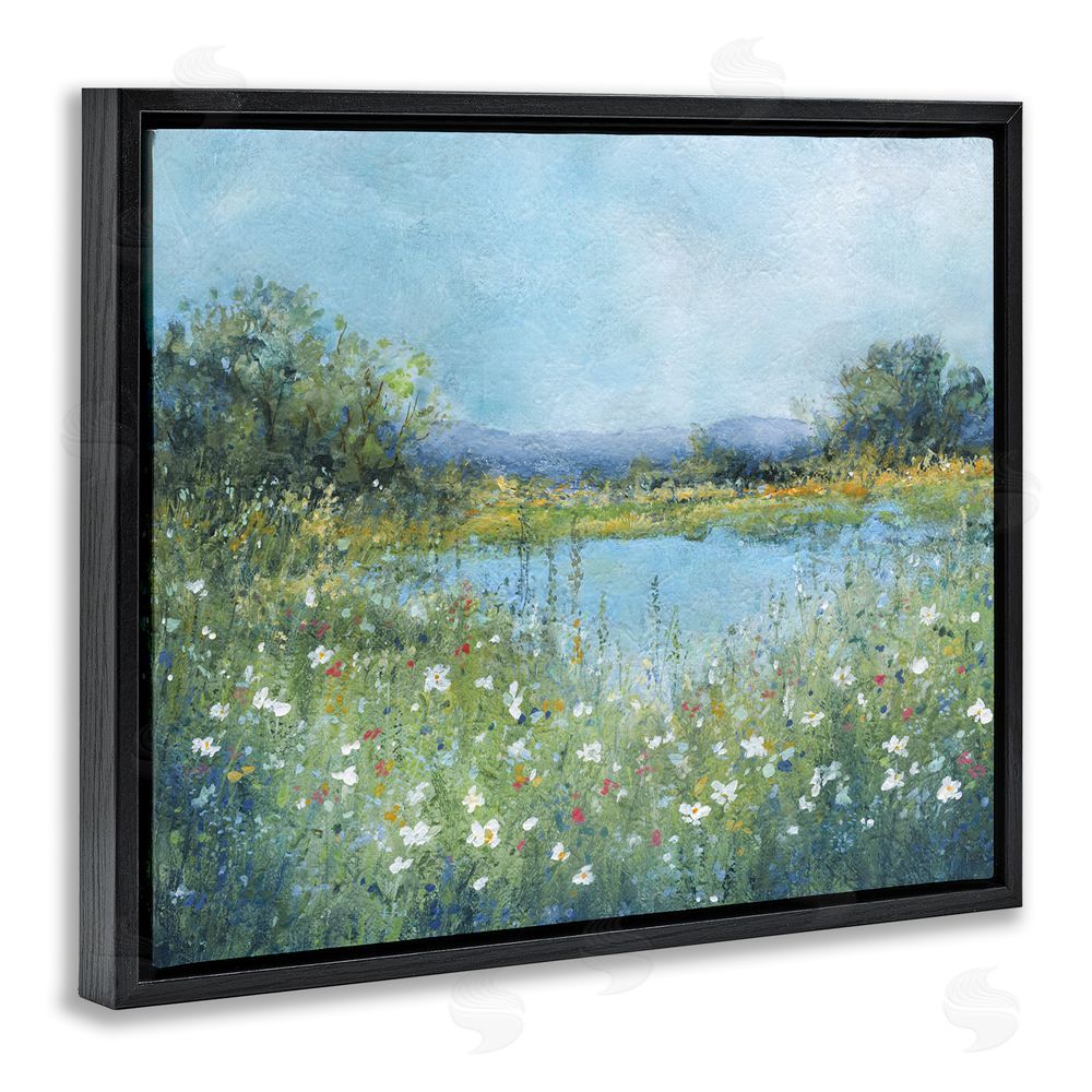 Carol Robinson Impressionist Meadow Surrounding Pond Black Floating Framed Canvas Wall Art