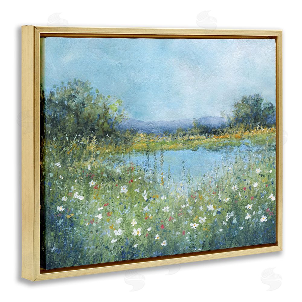 Carol Robinson Impressionist Meadow Surrounding Pond Gold Floating Framed Canvas Wall Art