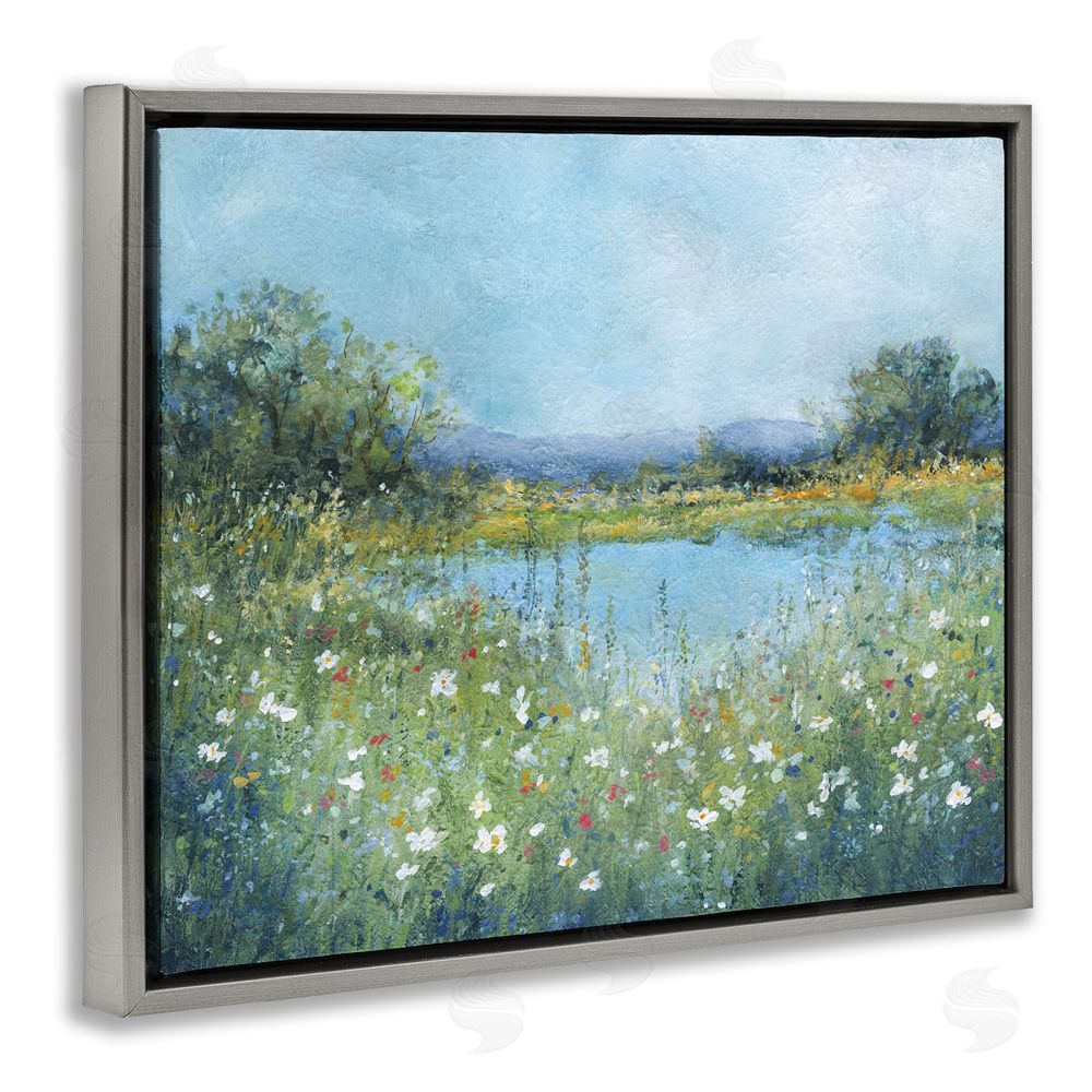 Carol Robinson Impressionist Meadow Surrounding Pond Gray Floating Framed Canvas Wall Art