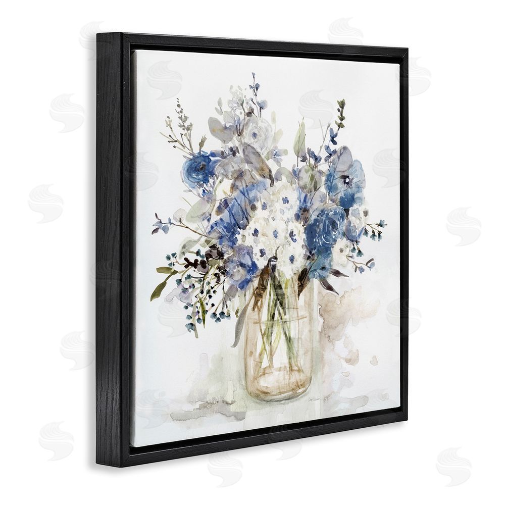 Carol Robinson Blue & White Spring Flowers Black Floating Frame Stretched Canvas Wall Art Print