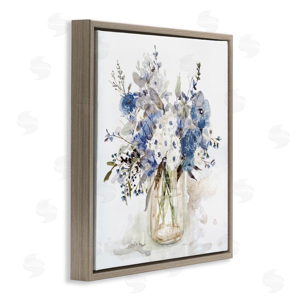 Carol Robinson Blue & White Spring Flowers Brown Floating Frame Stretched Canvas Wall Art Print