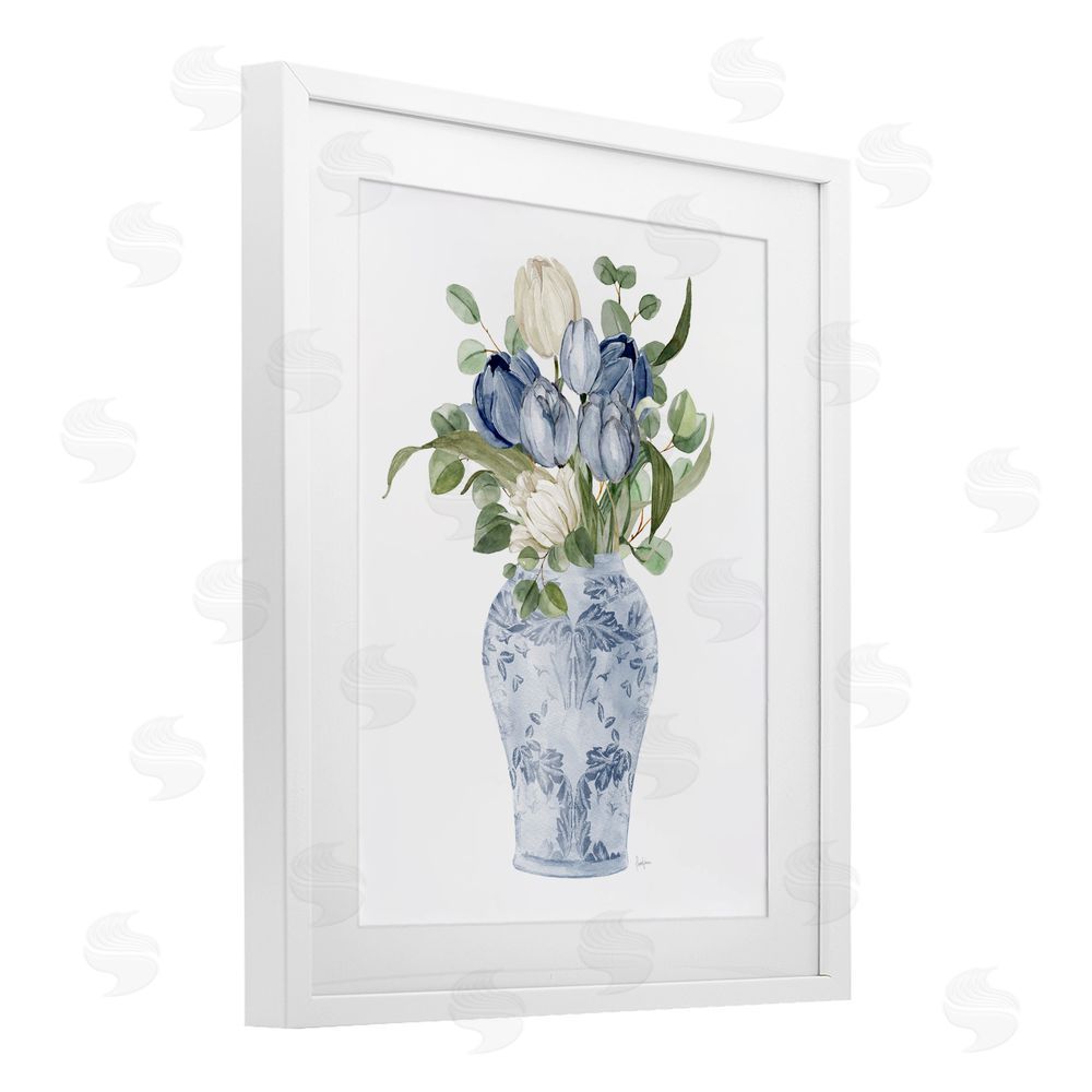Livi Finn Tulips & Leaves Vase White Framed Print Under Glass with White Mat Wall Art