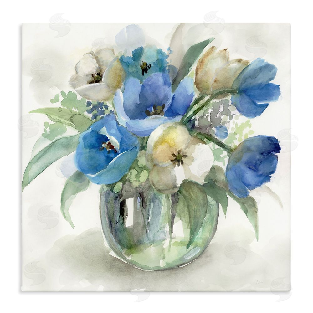 Nan Blue Tinted Flower Pot Stretched Canvas Wall Art Print