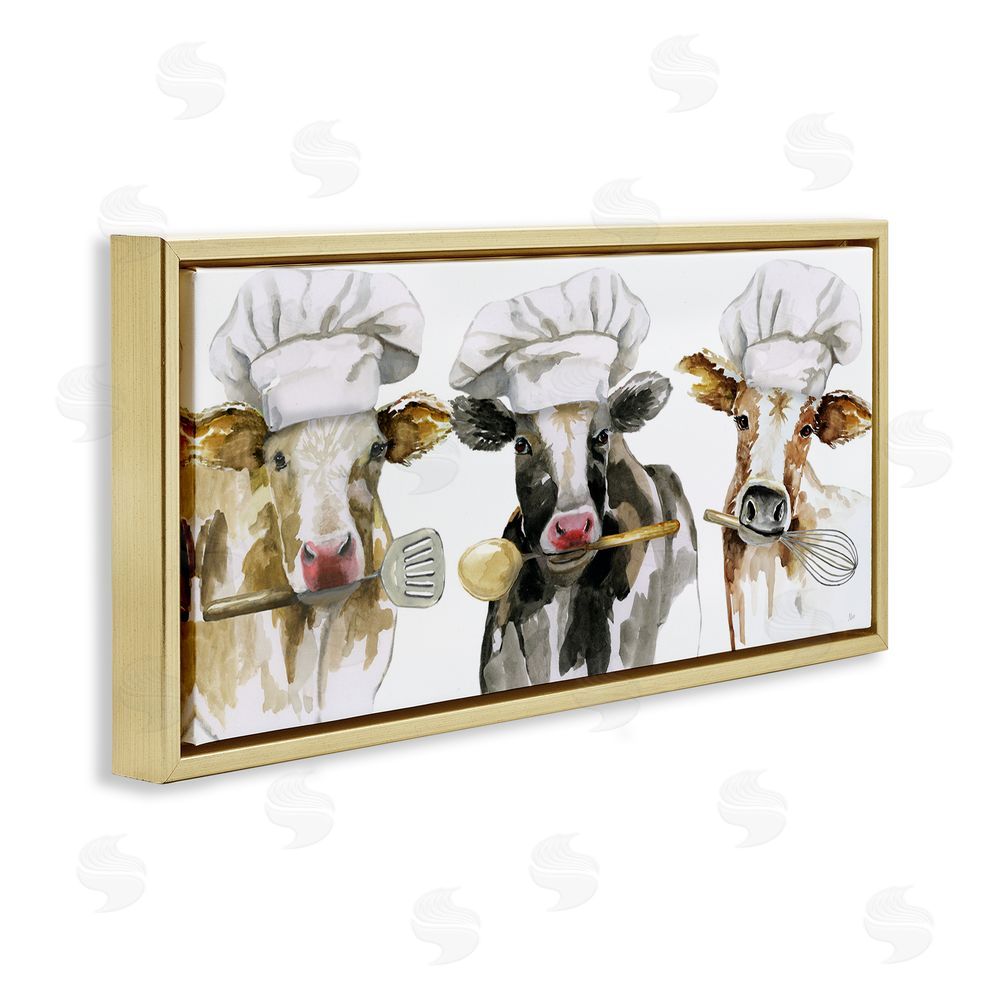 Nan Cow Chefs with Utensils Gold Floating Frame Canvas Wall Art Print