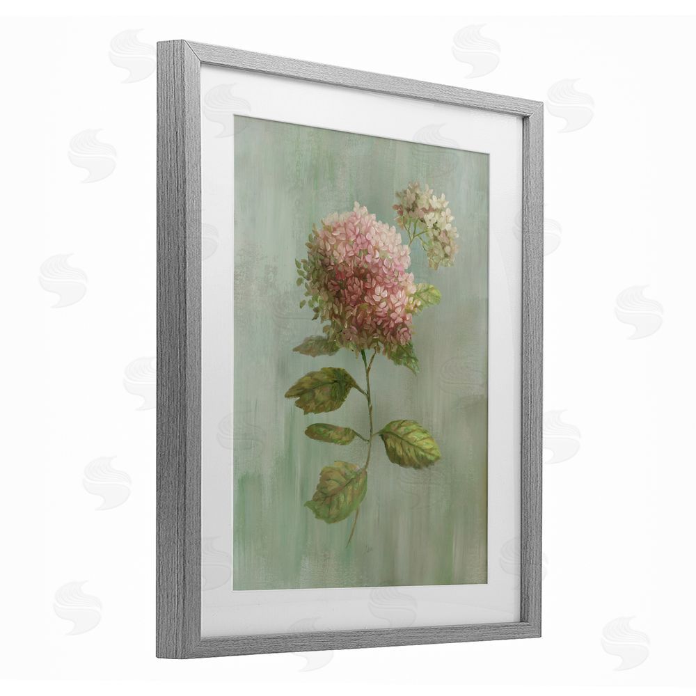 Nan Vintage Hydrangea Bushel Gray Framed Print Under Glass with White Mat Wall Art