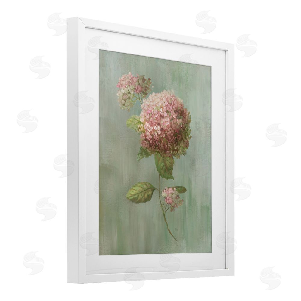 Nan Single Hydrangea Bushel White Framed Print Under Glass with White Mat Wall Art